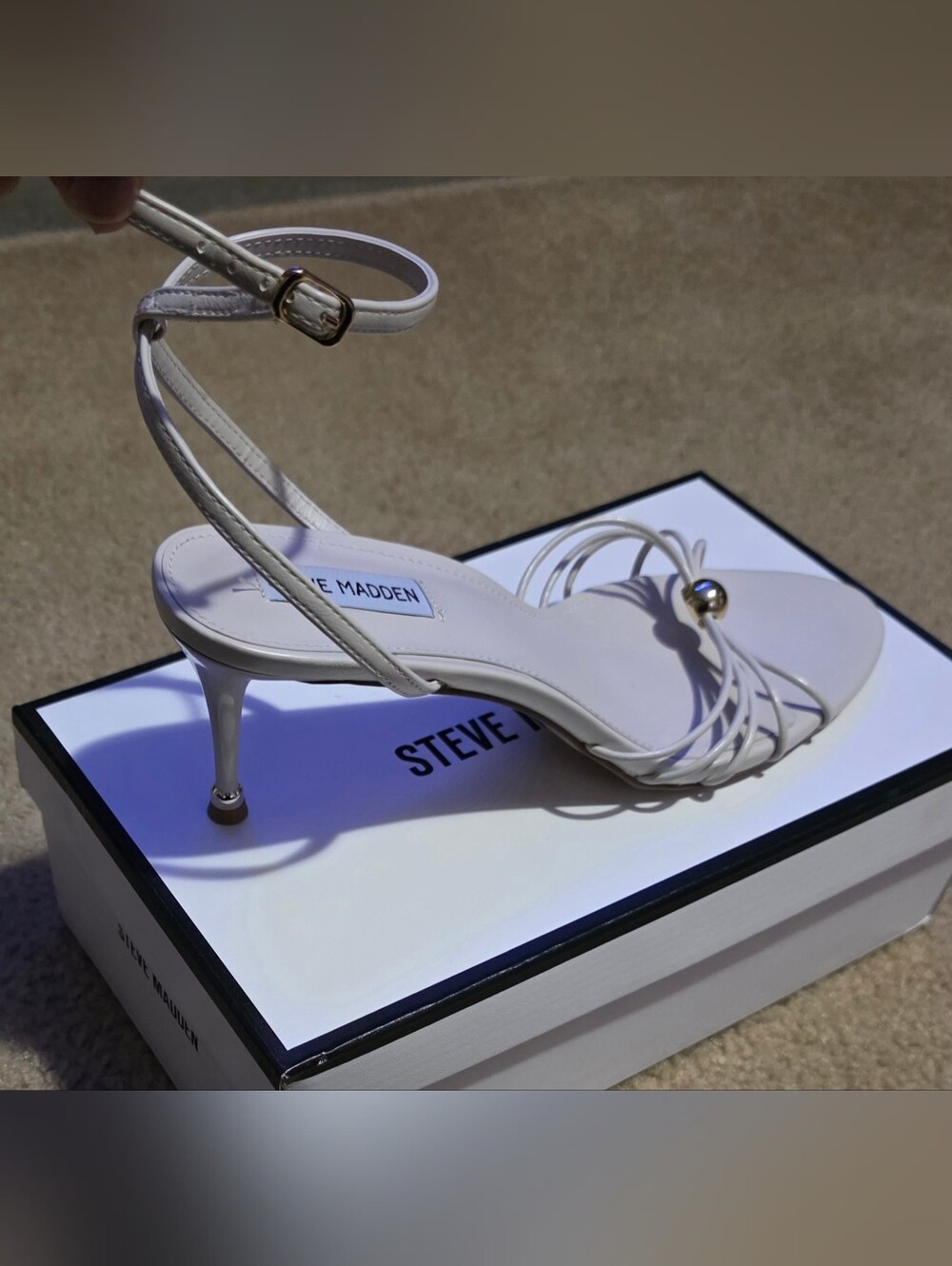 Steve Madden Cream Ankle Strap Mid-Heel Sandal with Metallic Accent